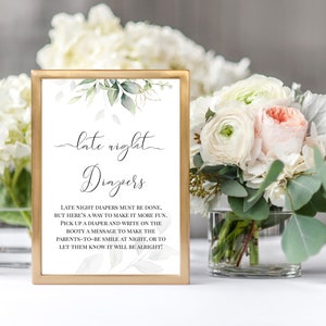 Gold Greenery Late Night Diapers Sign, Diaper Thoughts, Diaper Sign, Diaper Notes, Diaper Advice, Baby Shower Game, Templett, Editable, P31
