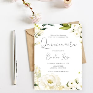 Quinceanera Invitation Template, 100% Editable Invitation, Mis Quince Anos, 15th Birthday, Instant Download, White Rose, Templett, P28