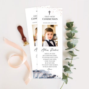 Navy First Communion Bookmark Favor Template, 100% Editable Photo Bookmark, Remembrance, Religious Favor, Abstract, Ethereal, Templett, P34