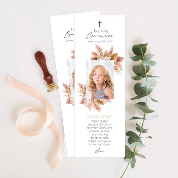 Pampas Grass First Communion Bookmark Favor Template, Dried Flowers, 100% Editable, Photo Bookmark, Remembrance, Religious, Templett, P63