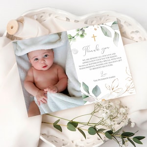 Plantilla de tarjeta de agradecimiento de bautismo de oro, tarjeta de agradecimiento de vegetación, Templett, agradecimiento 100% editable, agradecimiento religioso, agradecimiento fotográfico, P31