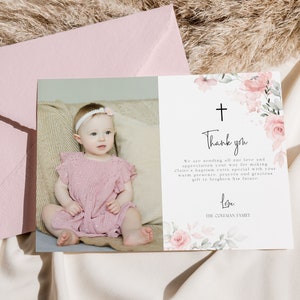 Mädchentaufe Dankeskartenvorlage, rosa Rose Dankeskarte, Templett, 100% bearbeitbar, erröten Danke, religiöse Karte, Foto Danke, P44