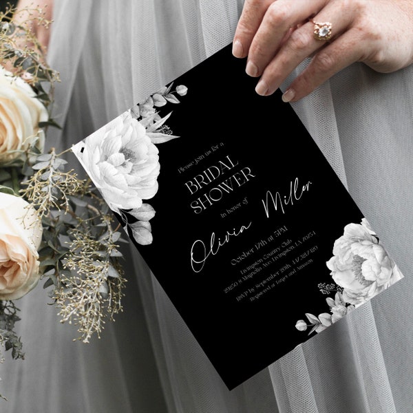 Black And White Peonies Bridal Shower Invitation Template, 100% Editable, Bridal Brunch, Black Modern Invite, Dark Floral Bridal Invite, P76