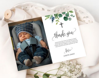 Greenery Baptism Thank You Card Template, Navy Thank You Card, Templett, 100% Editable Thank You, Religious Thank You, Photo Thank You, P17