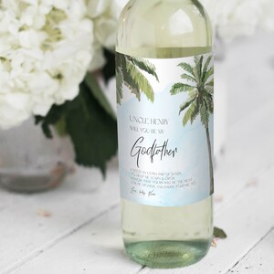 Tropical Asking Godfather Template, Wine Bottle label Template, Palm Tree Godparents Proposal, Will You Be My Godfather, Blue Label, P77