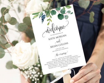 Wedding Fan Program, Greenery Fan Program, Eucalyptus Wedding Program, Fan Program Template, Editable Fan Program, Greenery Fan Program, P17