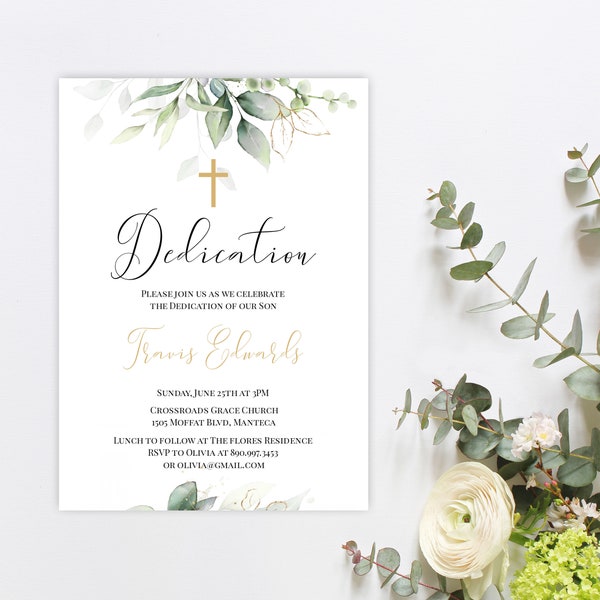 Gold Greenery Dedication Invitation Template, Boy Dedication, Gold Dedication Invite, Templett, 100% Editable, Dedication Invitation, P31