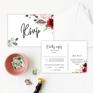 Modelo de cartão postal RSVP da Borgonha, cartão postal floral RSVP, Rsvp para impressão, RSVP dupla face, download instantâneo, resposta gentil, Marsala Rsvp, P26