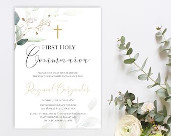 May include: First Holy Communion invitation with a gold cross and watercolor greenery. The invitation is for Raymond Carpenter and includes the date, time, and location of the event. It also includes RSVP information.