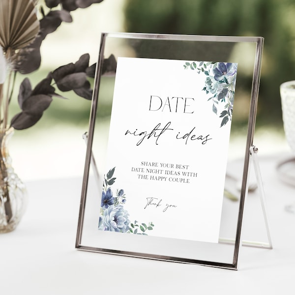 Blue Floral Date Night Ideas Card, Dusty Blue Date Night Ideas Sign, Wedding Date Night Advice, Date Night Cards, Bridal Game, Templett, P78