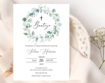 Eucalipto Invitacion de Bautizo, Bautizo Invitation In Spanish, Invitaciones Bautizo, Greenery Religious Invite, Boy Baptism, Templett, P48