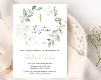 Gold Baptism Invitation, Greenery Baptism Invitation, Boy Baptism Invitation, Greenery Baptism Template, Editable Baptism Invitation, P31