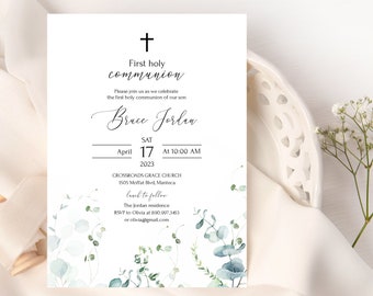 Eucalyptus First Holy Communion Invitation Template, Greenery First Holy Communion, DIY Religious Invitation, 100% Editable, Templett, P48