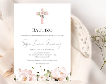 Invitacion de Bautizo, Bautizo Invitation In Spanish, Invitaciones Bautizo, Blush Florals, Religious Invite, Girl Baptism, Templett, P30