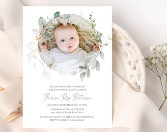 Gold Baptism Invitation, Greenery Baptism Invitation, Gender Neutral Invitation, Greenery Baptism Template, Editable Baptism Invitation, P31