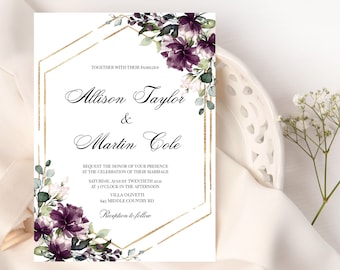 Purple Wedding Invitation Template, Purple Wedding, 100% Editable Invitation, Fully Editable, Purple Florals, Templett, Gold Frame, P29
