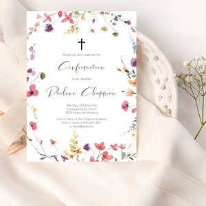 Wildblumen Bestätigungseinladung, rustikale Bestätigungsvorlage, Mädchenbestätigung, 100% bearbeitbar, bedruckbar, religiöse Einladung, Blumen, P64