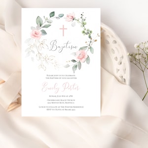 Rose Baptism Invitation Template, Gold Greenery Baptism Invite, Girl Baptism Invitation, Printable, 100% Editable, Religious Invite, P31a