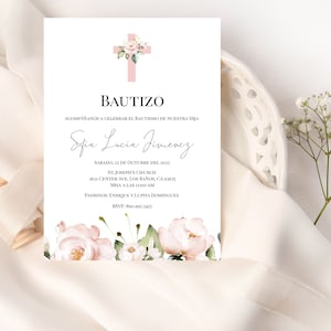Invitacion de Bautizo, Bautizo Invitation In Spanish, Invitaciones Bautizo, Blush Florals, Religious Invite, Girl Baptism, Templett, P30