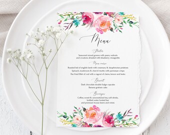 Teal Pink Menu Card Template, Floral Menu Card, Spring Menu, Pink Florals, 100% Editable, Dinner Menu, Boho Menu Card, Templett, P47