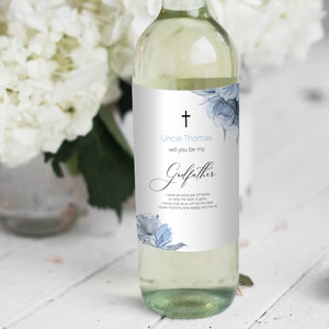 Dusty Blue Asking Godfather Template, Wine Bottle label Template, Floral Godparents Proposal, Will You Be My Godfather, Grey Wine Label, P55