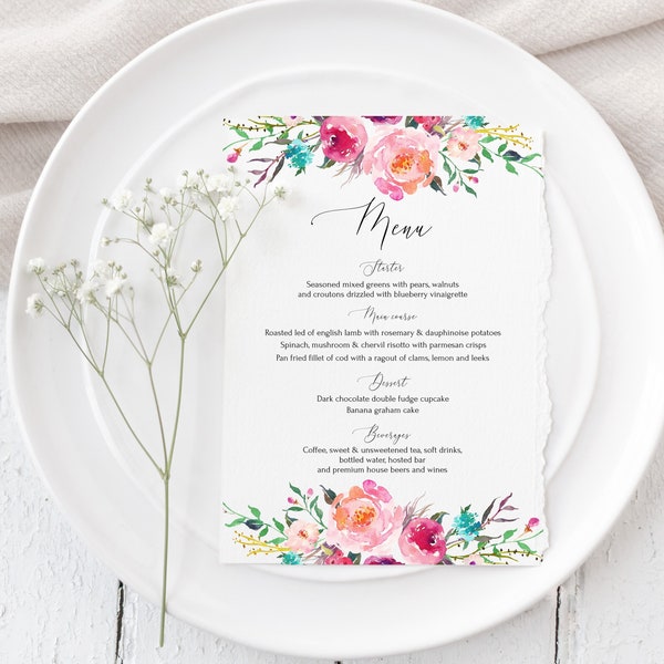 Teal Pink Menu Card Template, Floral Menu Card, Spring Menu, Pink Florals, 100% Editable, Dinner Menu, Boho Menu Card, Templett, P47