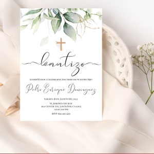 Invitacion de Bautizo, Convite Bautizo em espanhol, Invitaciones Bautizo, Convite Religioso Greenery, Batismo de Menino, Bautizo, Templett, P31