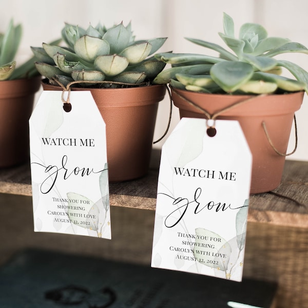 Gold Greenery Watch me Grow Tag Template, Baby Shower Favor Tags, Succulent Tag, Favor Tag Printable, Plant Gift Tag, 100% Editable Tag, P31