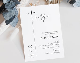 May include: A white card with black text announcing a baptism for Mateo Vargas. The card includes the date, time, and location of the ceremony and reception. The text "bratizo" is written in cursive at the top of the card.