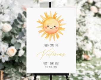 太陽の誕生日ウェルカムサイン 編集可能 私たちの小さな太陽のウェルカムサイン 誕生日の装飾 ドアの入り口のサイン 太陽の周りを初めて旅するテンプレート