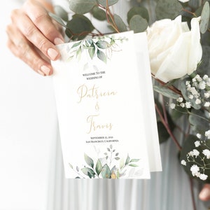 Gold Greenery Wedding Program Template, Gold Folded Booklet, 100% Editable, Folded Wedding Program, Templett, Catholic Ceremony Program, P31