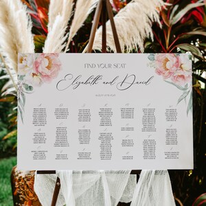 Pioenen zitplaatsen grafiek sjabloon, bloemen zitplaatsen grafiek, roze, alfabetische zitplaatsen grafiek, bruiloft zitplaatsen Board, 100% bewerkbaar, Boho, P71