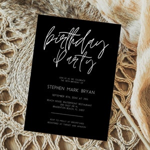 Black Birthday Invitation Template Black And White Invite Editable Minimalist Birthday Modern 40th Birthday Templett Simple Invite MB12