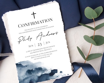 May include: A white card with a blue watercolor background and black text announcing a Confirmation Holy Communion for Philip Andrews on Sunday, June 23rd at 11:00 AM at Crossroads Grace Church, 1505 Moffat Blvd, Manteca. Lunch to follow at the Flores Residence. RSVP to Olivia at 890.997.3453 or olivia@gmail.com.