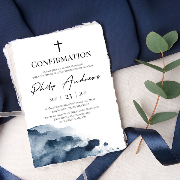 Navy Confirmation Invitation Template, 100% Editable, Abstract, Ethereal, Instant Download, Templett, Navy Watercolor, Boy Confirmation, P34