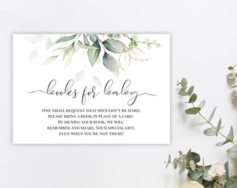 Tarjeta de solicitud de libro Gold Greenery, solicitud de libro de baby shower, libros editables para inserción de bebé, traiga un libro en lugar de una tarjeta, Templett, P31