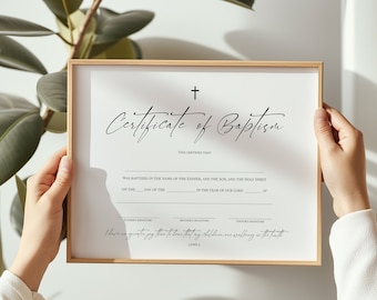 May include: A printable certificate of baptism with a cross at the top and the text "Certificate of Baptism" in cursive. The certificate has spaces for the name of the person being baptized, the date, and the year. It also has spaces for the signatures of the father, mother, and pastor.