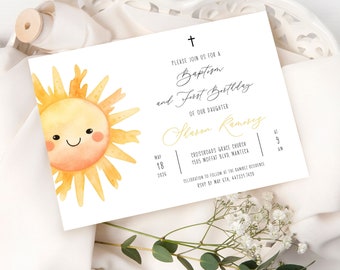 Puede incluir: Una tarjeta blanca con una ilustración de sol amarillo y texto que dice "Por favor, únase a nosotros para un Bautismo y un Primer Cumpleaños de nuestra hija Sharon Ramirez, 18 de mayo de 2026, Crossroads Grace Church, 1505 Moffat Blvd, Manteca, a las 9:00 AM, Celebración posterior en la residencia Ramirez, RSVP antes del 1 de mayo, 447321 7420".