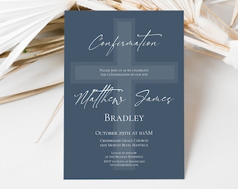 May include: A blue invitation card with a white cross design. The text reads "Confirmation" and "Please join us as we celebrate the confirmation of our son Matthew James Bradley". The date and time of the event are October 29th at 10am. The location is Crossroads Grace Church, 1505 Moffat Blvd, Manteca. Lunch to follow at the Bradley Residence. RSVP to Olivia at 894977 1451 or olivia@gmail.com.
