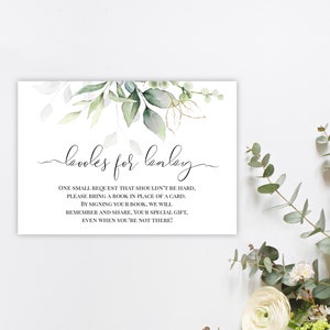 Gold Greenery Buchanfragekarte, Babypartybuchanfrage, bearbeitbare Bücher für Babyeinlage, bringen Sie ein Buch anstelle einer Karte, Templett, P31