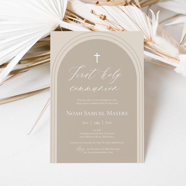 First Holy Communion Invitation Template First Communion With Arch Religious Invite Editable Neutral Beige Communion Invite Printable M02