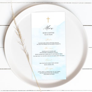 Blauwe doop menusjabloon, aquarel menukaart, religieuze menukaarten, 100% bewerkbaar, dinermenu, afdrukbaar, jongen menukaart, Templett, P72