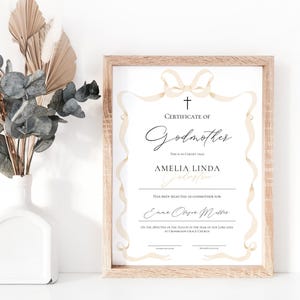 Plantilla de certificado de madrina con lazo Certificado de padrino beige con marco ondulado Certificado de padrinos imprimible Descarga instantánea M14