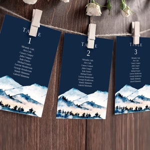 Winter Sitzkarten Vorlage, Berghochzeit Sitzplan Karten, 100% bearbeitbar, hängende Sitzordnung, Natur, Boho, Rustikal, Templett, P41