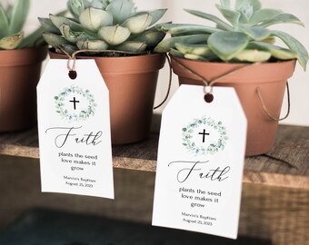 Etiqueta de regalo con la fe que planta la semilla, el amor la hace crecer, plantilla de etiqueta de regalo de bautismo de eucalipto, etiqueta de regalo de planta, 100 % editable, Templett, P48