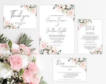 Blush Wedding Invitation, Printable Invitation, Floral Wedding Invitation, RSVP, Templett Wedding Invitation, DIY Wedding Invitation, P30