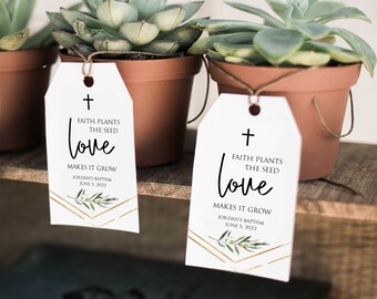 Etiqueta de regalo con la fe que planta la semilla, el amor la hace crecer, plantilla de etiqueta de regalo para bautismo con vegetación dorada, etiqueta de regalo con forma de planta, 100 % editable, Templett, P22