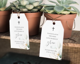 Plantilla de etiqueta de regalo para bautismo con plantas verdes doradas, etiqueta de regalo con forma de planta, etiqueta de regalo con la frase "La fe planta la semilla, el amor la hace crecer", 100 % editable, Templett, P31