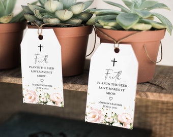 Plantilla de etiqueta de regalo de bautismo rosa, etiqueta de regalo de planta, etiqueta de regalo de Faith Plants the Seed Love Makes it Grow, 100 % editable, Templett, P30