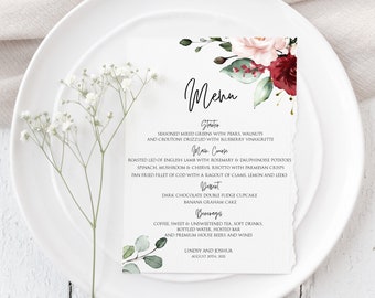 Modello menu Borgogna, Modello menu Marsala, Menu floreale, Scheda menu, Menu modificabile, Menu cena, Menu modificabili, Eucalipto, Templett, P26